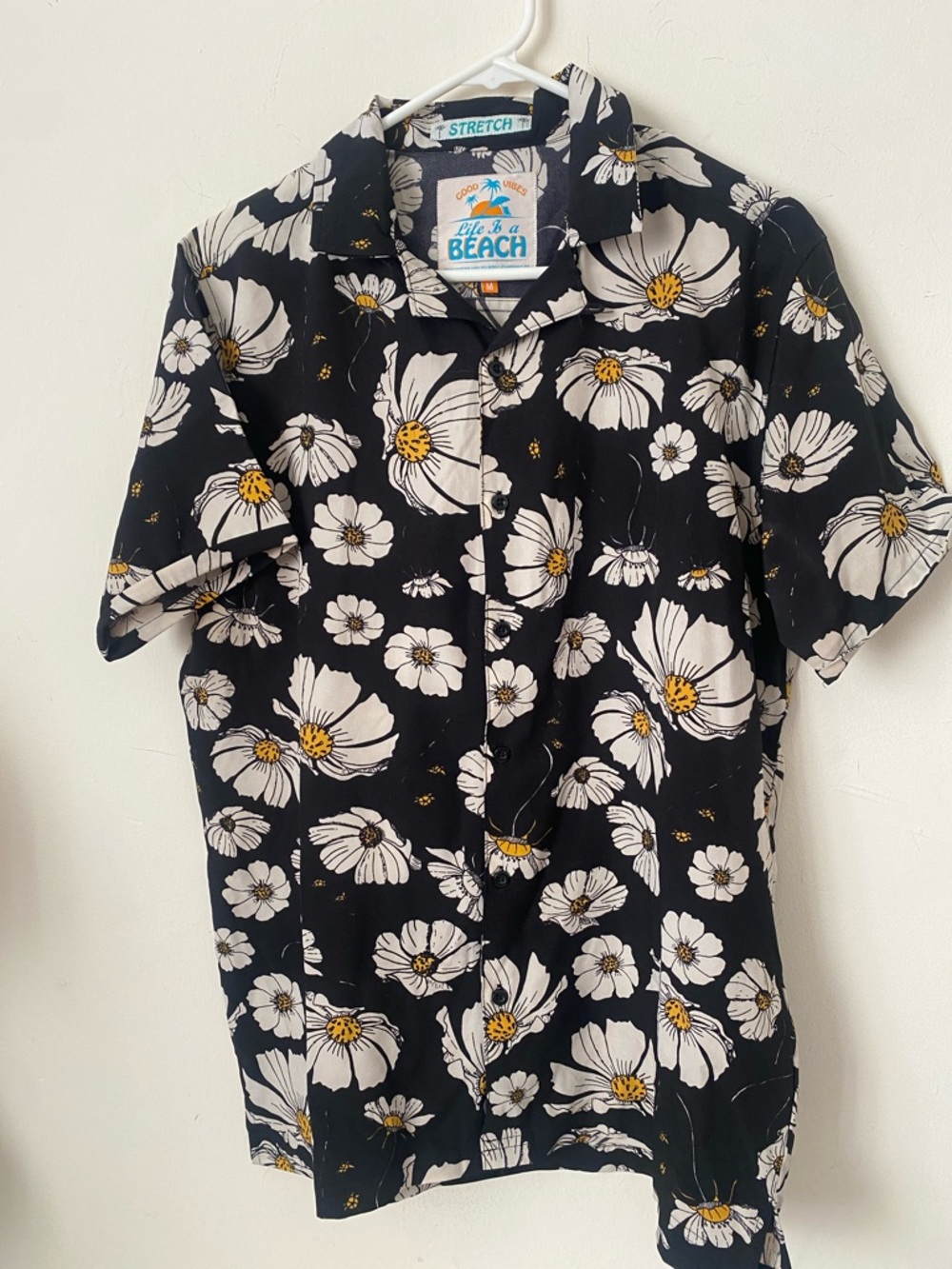 Black Floral Button-Up Shirt with White & Yellow Blooms
